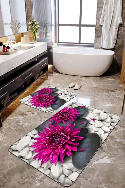 Homiko طقم سجادة حمام كبيرة الحجم مكون من قطعتين مع أرضية حجرية