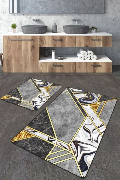 Homiko Gray Marble Pattern Large Size Bathroom Mat Set of 2