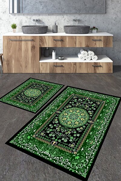 Homiko Сет от 2 големи баня килимчета в изумрудено зелено с класически мотив