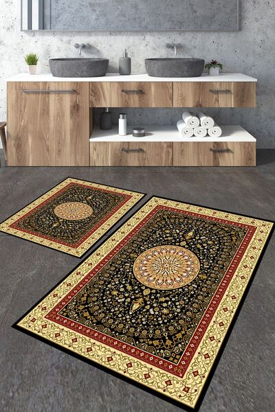 Homiko Classic Black Patterned Large Size Bath Mat Set of 2