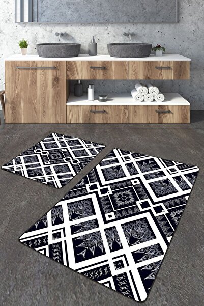 Homiko Set de 2 covorașe de baie mari cu model geometric alb-negru