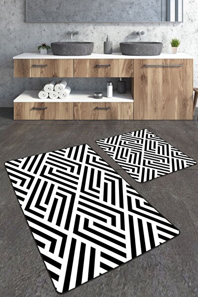 Homiko طقم سجادة حمام كبيرة الحجم منقوشة باللونين الأبيض والأسود مكونة من قطعتين