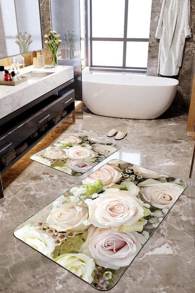 Homiko ROSE Patterned 2-Piece Large Size Bath Mat Set