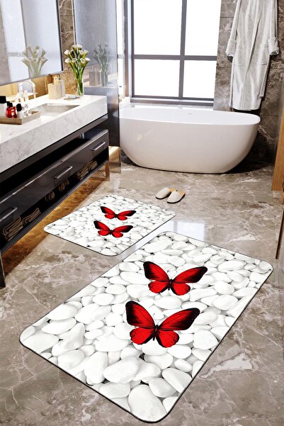 Homiko طقم سجادات حمام كبيرة الحجم مكونة من قطعتين بطبعة فراشة حمراء