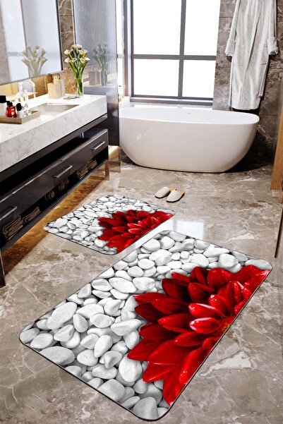 Homiko Set de 2 covorașe de baie mari cu model de flori roșii