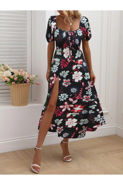 Moka Shopin MokaShopin Women's Single Jersey E - Short Sleeve, Square Collar, Front Shirring and Lacing Side Slit Detail, Floral Pattern