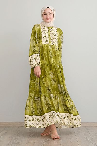 InStyle Khaki Viscose Dress - Crispy Flower Detail