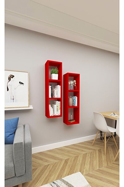 Dekormer Design Kitaplık Salon Duvar Rafı Çapraz Ikili Mobilya Takım Kırmızı
