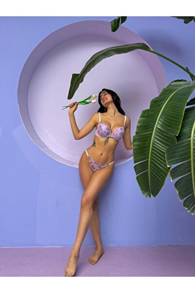 Cansoy Glittery Floral Patterned Supported Purple Bra Panty Set (683t)