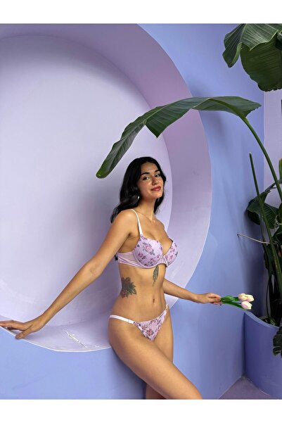 Cansoy Glittery Floral Patterned Supported Purple Bra Panty Set (683t)