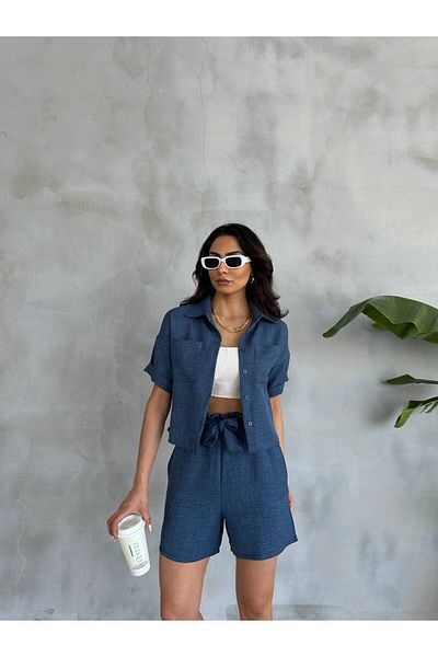 Ladyone Linen Set - Lace-up Crop Shirt and Shorts, Women