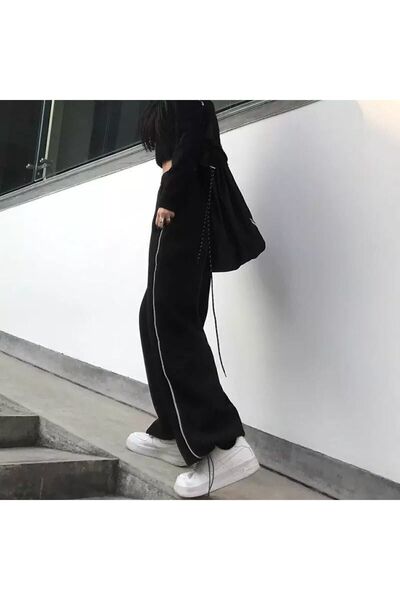Genel Markalar M F Harajuku Zip Detail Black Tracksuit Oversize Eşofman Altı