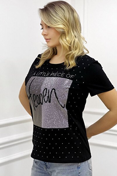 RICH GLAM Heaven Crystal Stoned Large Size Crew Neck Cotton Women's T-shirt L Xl 2xl 3xl