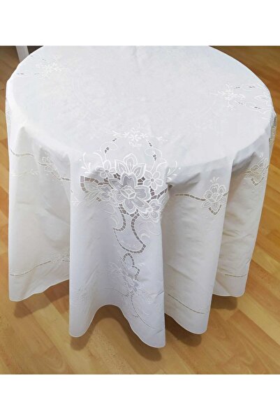 EFEMHOME EV TEKSTİL Fabric Look Lace Round Pvc Oilcloth Tablecloth 180cm