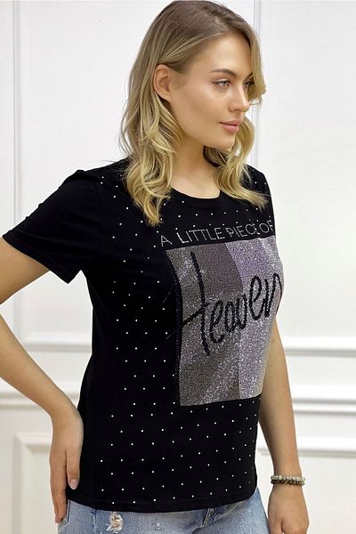RICH GLAM Heaven Crystal Stoned Large Size Crew Neck Cotton Women's T-shirt L Xl 2xl 3xl