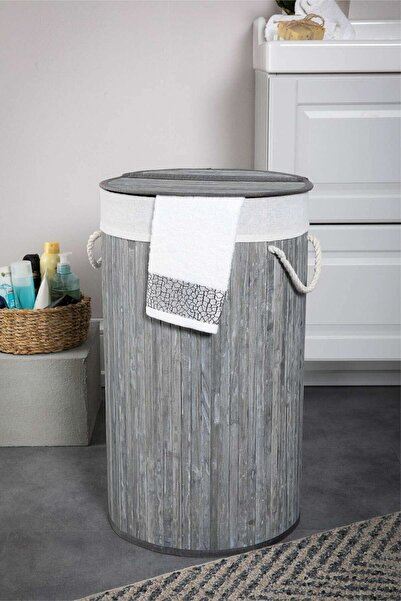 E-LİFE HOME Katlanır Oval Bambu Çamaşır Kirli Sepeti Fma331916