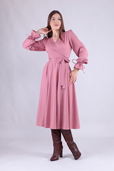 RURIS Kadın Gül Kurusu Uzun Kol Kruvaze Yaka Kuşaklı Midi Boy Elbise