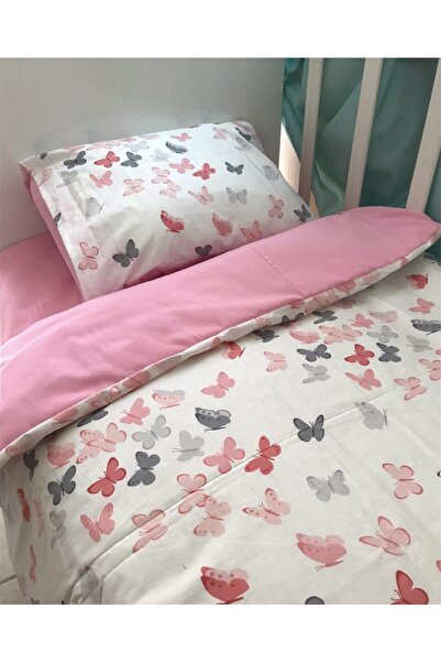 Bebek Özel %100 Pamuklu Bebek/çocuk Yastık Çarşaf Yorgan Seti Pembe Kelebekli 70x110 (Yorganlı)