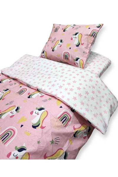 Bebek Özel %100 Pamuklu Çocuk 100x150 Yastık Çarşaf Yorgan Seti Pembe Unicorn...