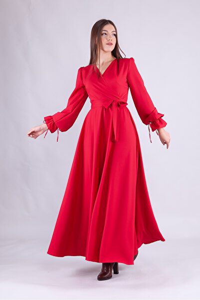 RURIS Red Maxi Length Belted Double-breasted Collar Dress