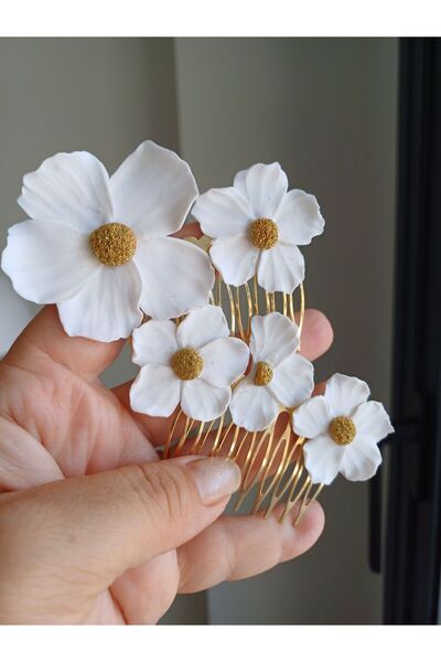 CREATİVESHOP Beyaz Çiçekli Tarak Toka, Helen Gelin Saçı, Gelin Saç Aksesuarla...