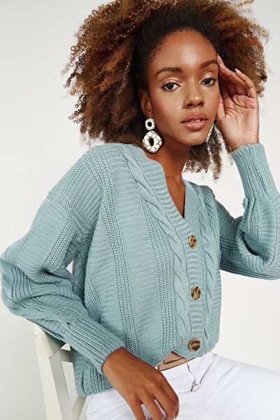 Hopoi Cardigan de damă de culoare mentă - împletit de păr, cu nasturi T3134