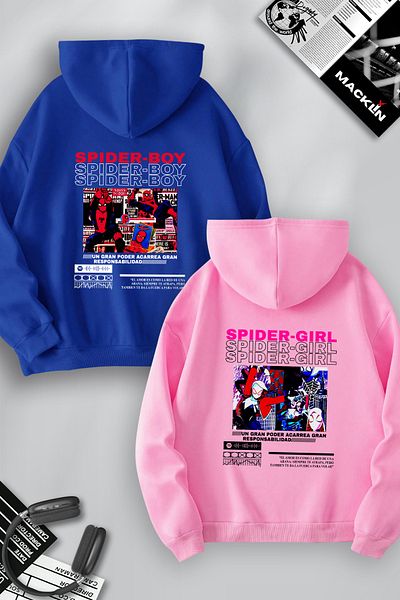 macklin Combinație de cuplu iubit - Set de hanorace cu glugă cu imprimeu Spider Boy and Girl