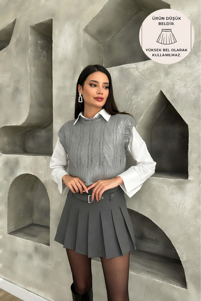 ESRAHELVACI Γκρι πλισέ κοντή φούστα με ζώνη