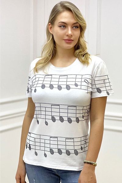 RICH GLAM White Crystal Stone Musical Note Patterned Short Sleeve Crew Neck Large Size Stylish Women's T-shirt