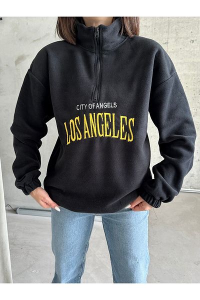 MODERNİZE los Angeles Embroidered - Women's Fleece Sweat with Stand Collar and Zipper