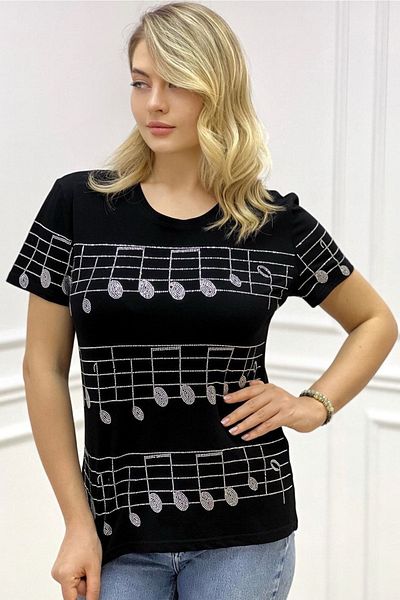 RICH GLAM Black Crystal Jewelled Musical Note Patterned Short Sleeve Crew Neck Large Size Stylish Women's T-shirt