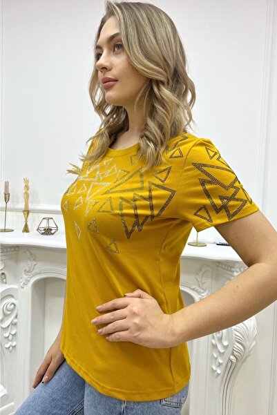 RICH GLAM GeomeTric PaTTern and CrysTal RhinesTones Crew Neck ShorT Sleeve T-shirt for Women - MusTard, Large Size