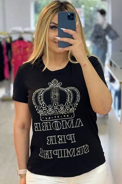 RICH GLAM Plus Size STylish Crown PaTTerned CrysTal Plus Size T-shirt - ComforTaBle BlacK ShorT Sleeve