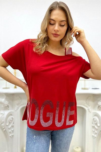 RICH GLAM Large Size Crystal Stone Detailed Stylish Comfortable White Cotton T-Shirt - Single Strap