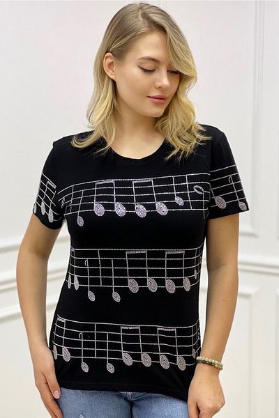 RICH GLAM Black Crystal Jewelled Musical Note Patterned Short Sleeve Crew Neck Large Size Stylish Women's T-shirt