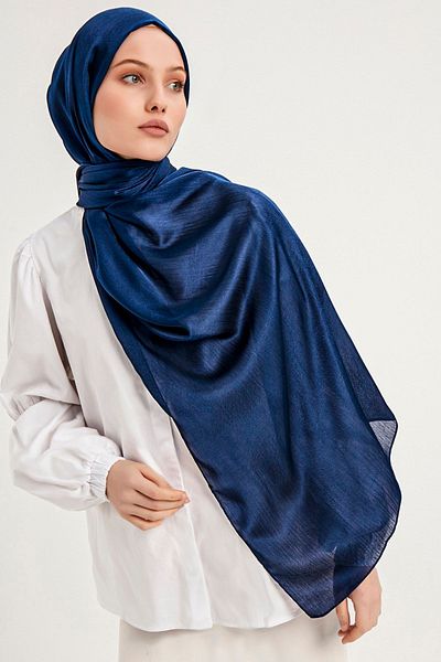 Saless Hijab Women's Janjan Crinkle Evening Dress Shawl-Navy Blue- 70X190Cm