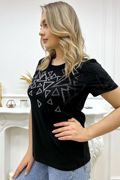 RICH GLAM GeomeTric PaTTerned CrysTal SToned BlacK Women's T-shirt - Crew NecK, ShorT Sleeve, CoTTon
