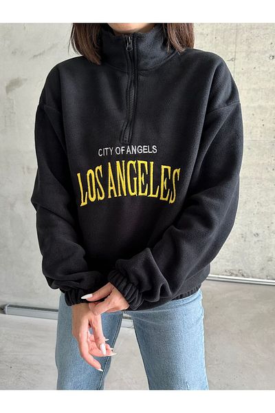 MODERNİZE los Angeles Embroidered - Women's Fleece Sweat with Stand Collar and Zipper