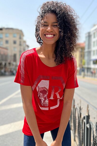RICH GLAM Long Red Stone Cotton Skull Patterned Comfortable Women's T-shirt