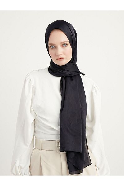Saless Janjan Patterned Hijab Evening Dress Crinkle Shawl - Dark Navy, 70X190Cm