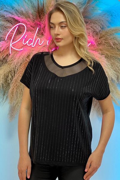 RICH GLAM Tricou de damă, negru, bumbac, imprimat cu piatră de cristal, cu ochiuri de potrivire confortabilă