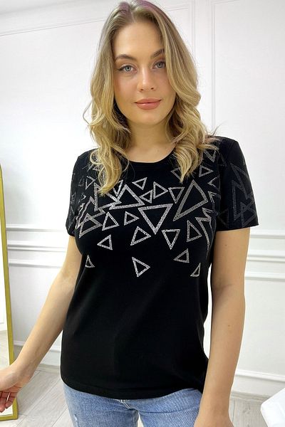 RICH GLAM GeomeTric PaTTerned CrysTal SToned BlacK Women's T-shirt - Crew NecK, ShorT Sleeve, CoTTon