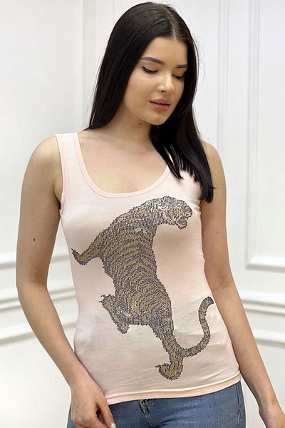 RICH GLAM Leopard Crystal Stone Slim Fit / Slim Fit Cotton Women's Sleeveless Tshirt Thick Strap Tank Top