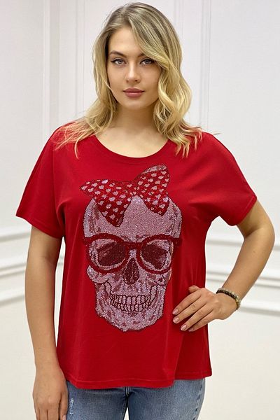 RICH GLAM Red Cotton - Crystal Skull Stone Detailed, Loose Cut Large Size T-shirt