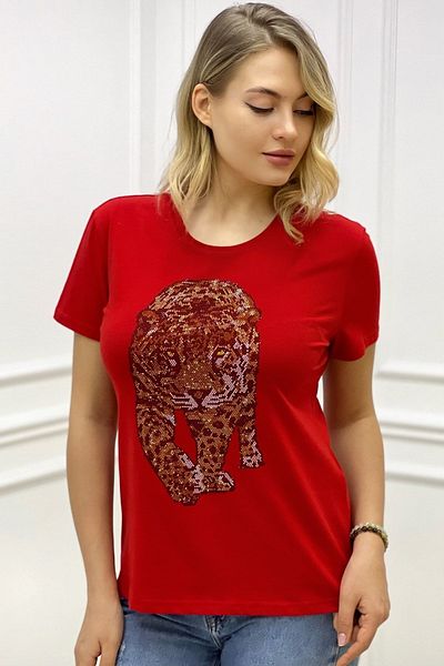 RICH GLAM Tiger Crystal Stone Plus Size Crew Neck Red Cotton Women's T-shirt