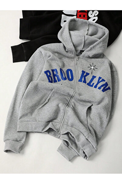 modaberry Brooklyn Symbol Sivi Oversize kroj Sa kapuljačom Kardigan - Sa Zatv...