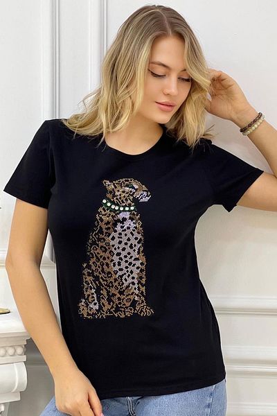 RICH GLAM Large Size Black STylish T-shirt - Tiger CrysTal STone DeTailed, Regular Fit