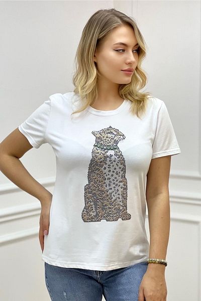 RICH GLAM large Size WhiTe Jewelled Tiger CrysTal Regular FiT Women's T-shirt