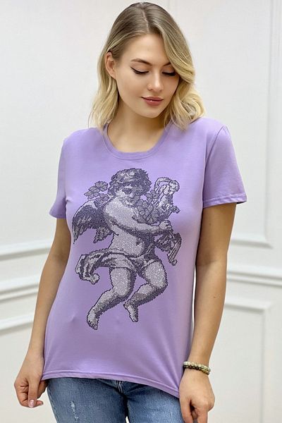 RICH GLAM Angel Crystal Stone Crew Neck Plus Size Stylish Cotton Women's T-Shirt