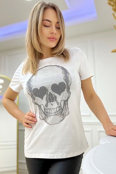 RICH GLAM Skull Crystal Stone White Large Size Cotton Women's T-shirt